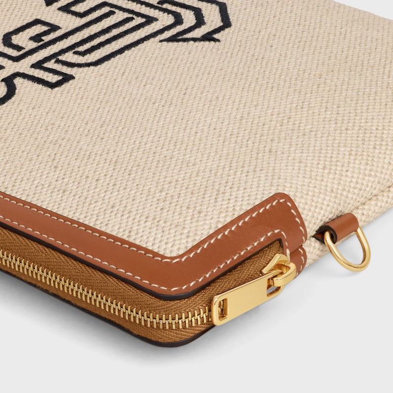 SMALL POUCH WITH STRAP IN TEXTILE WITH ANCHOR EMBROIDERY AND CALFSKIN - NATURAL / TAN - POUCHES AND TECH ACCESSORIES - 1 | CELINE