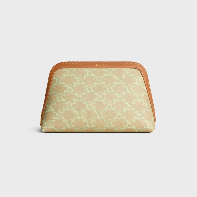 MEDIUM COSMETIC POUCH IN TRIOMPHE CANVAS AND CALFSKIN - SANDCASTLE / SOFT LIME - BEAUTY ACCESSORIES - 1 | CELINE