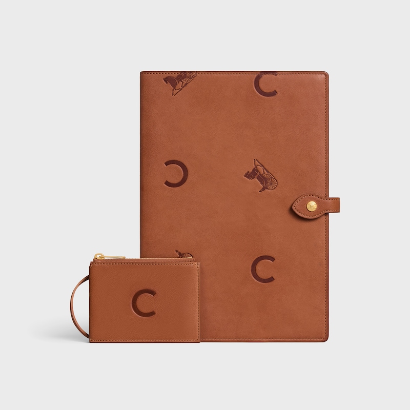 LARGE NOTEBOOK COVER WITH POUCH IN STAMPED NATURAL CALFSKIN - TAN - NEW COLLECTION MEN - 1 | CELINE