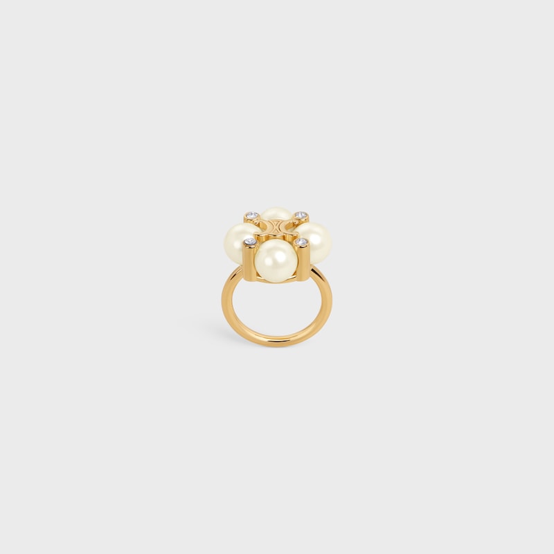 Les Perles Celine Ring in Strass, Resin Pearls and Brass with Gold Finish - GOLD / IVORY -  - 1 | CELINE