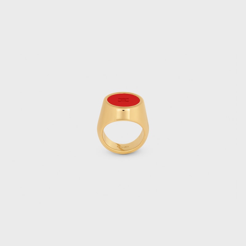Triomphe Signet Ring in Varnish and Brass with Gold Finish - POPPY RED / GOLD -  - 1 | CELINE