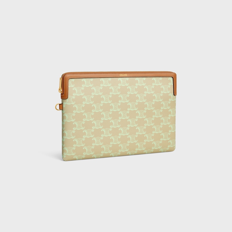 PETITE POCHETTE AVEC DRAGONNE TOILE TRIOMPHE ET VEAU - BEIGE SABLE/ VERT LIME - POCHETTES ET ACCESSOIRES TECHNOLOGIQUES - 1 | CELINE
