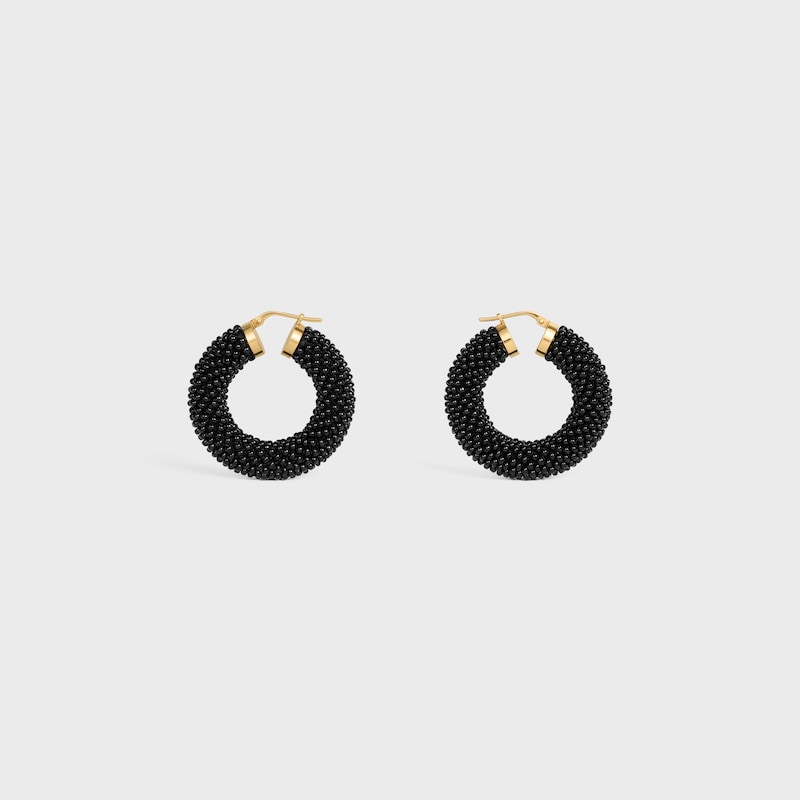 Celine Défilé Bold Hoops in Glass Beads and Brass with Gold Finish - BLACK / GOLD - EARRINGS - 1 | CELINE