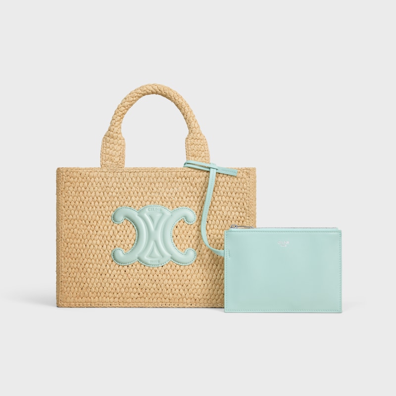 SMALL CABAS THAIS IN Raffia and calfskin - LIGHT ACQUA - HOBO AND TOTE BAGS - 1 | CELINE