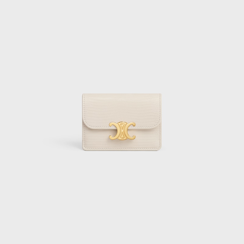 CARD HOLDER WITH FLAP TRIOMPHE IN LIZARD - RICE - COIN AND CARD HOLDERS - 1 | CELINE