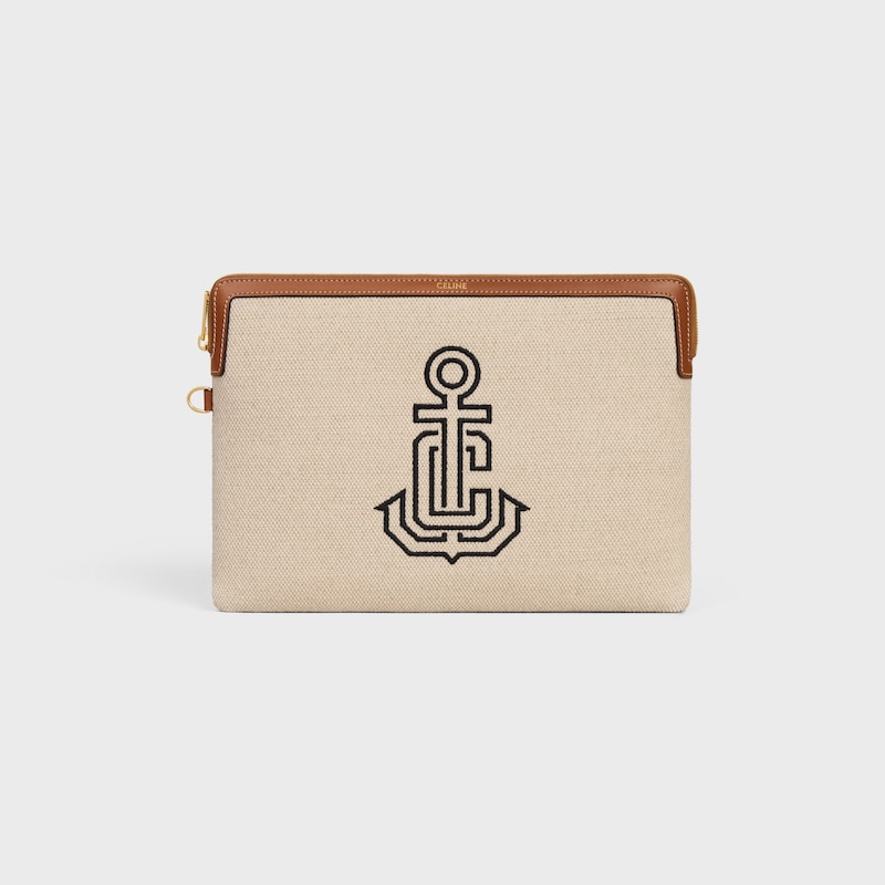 SMALL POUCH WITH STRAP IN TEXTILE WITH ANCHOR EMBROIDERY AND CALFSKIN - NATURAL / TAN - POUCHES AND TECH ACCESSORIES - 1 | CELINE