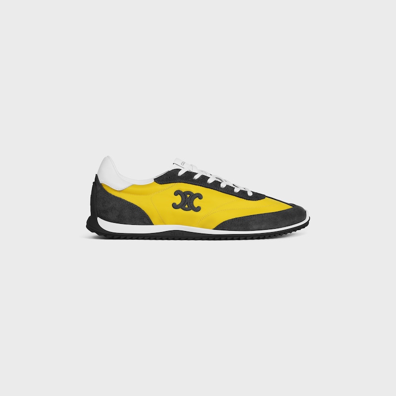 CELINE RACER - SNEAKER BASSE AVEC TRIOMPHE EN NYLON, CUIR DE VEAU VELOURS ET CUIR DE VEAU - JAUNE/GRIS FONC&Eacute; -  - 1 | CELINE