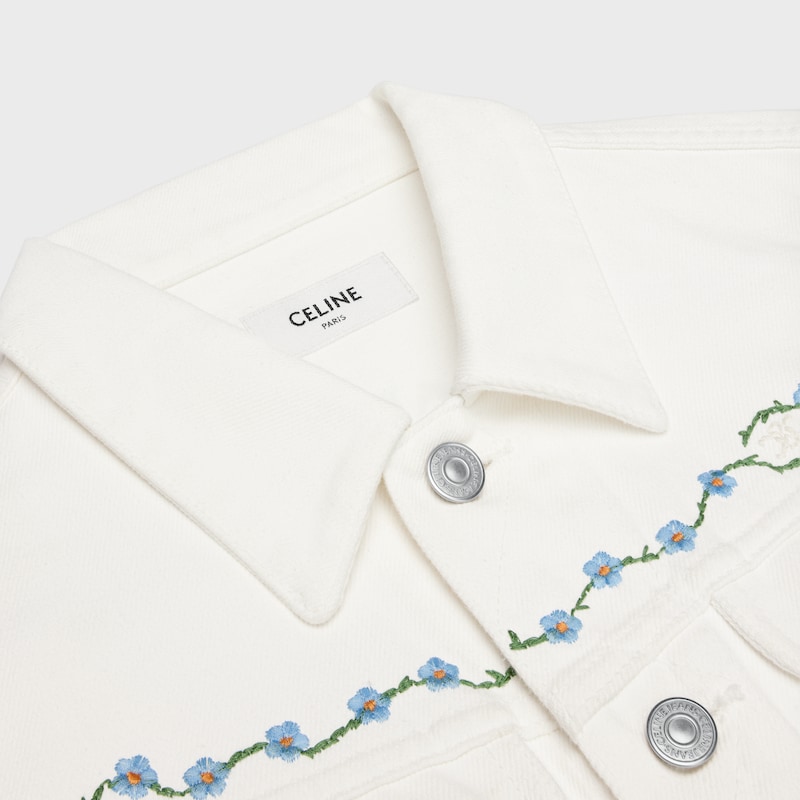 embroidered trucker jacket in raw wash white denim - RAW WASH -  - 1 | CELINE