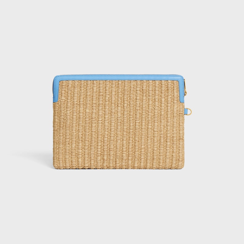 SMALL POUCH WITH STRAP IN raffia effect textile and calfskin - SKY BLUE - POUCHES AND TECH ACCESSORIES - 1 | CELINE