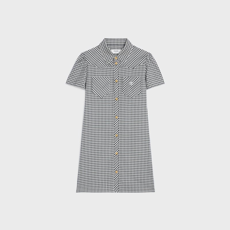 mini shirt dress IN vichy silk - CRAIE/GRIS/BLEU -  - 1 | CELINE