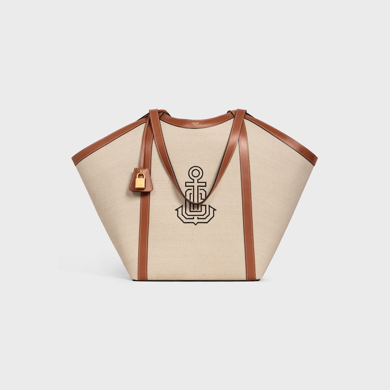 LARGE CABAS IN TEXTILE WITH ANCHOR EMBROIDERY AND CALFSKIN - NATURAL / TAN - &Eacute;T&Eacute; CELINE - 1 | CELINE