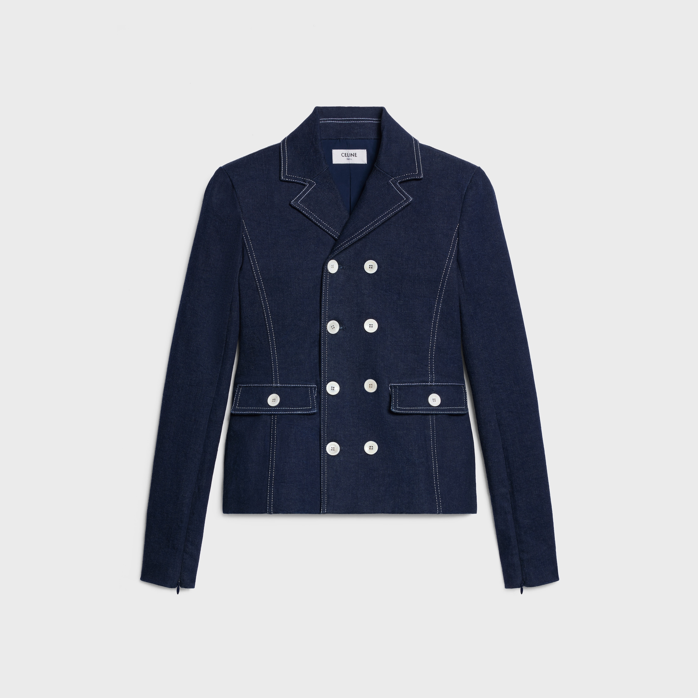 celineネイビー/ブラウン/ホワイト ジャケット CAVALIERE JACKET IN STRETCH DENIM - LIGHT RINSE | CELINE