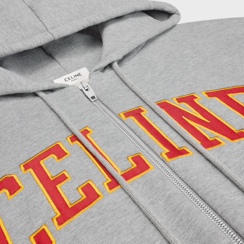 hoodie loose zipp&eacute; molleton coton - GREY MELANGE/BURGUNDY/YELLOW -  - 1 | CELINE