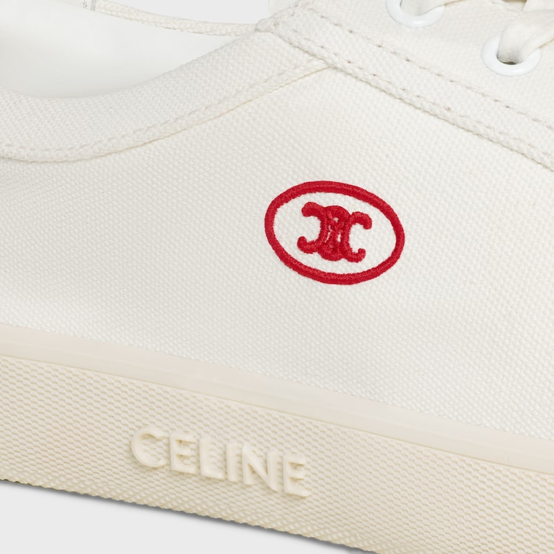 CELINE LOU LOW LACE-UP SNEAKER WITH EMBROIDERED TRIOMPHE IN CANVAS AND CALFSKIN - WHITE -  - 1 | CELINE