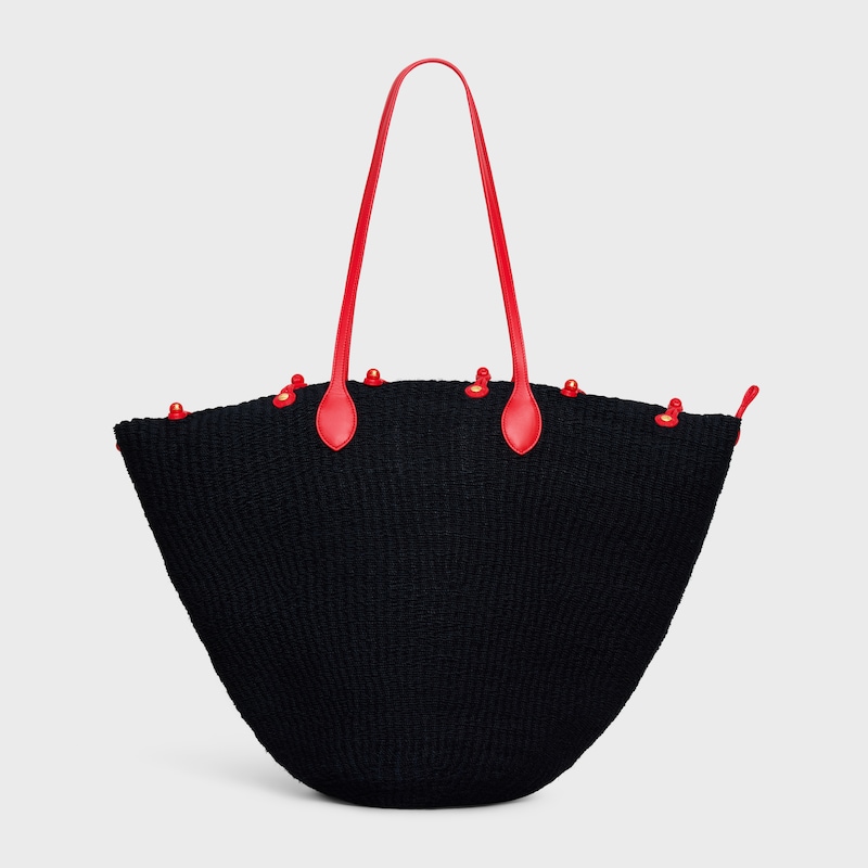 LARGE TRIOMPHE BEADS BASKET IN SISAL RAFFIA AND CALFSKIN - BLACK / RED - CLASSIC PANIER - 1 | CELINE