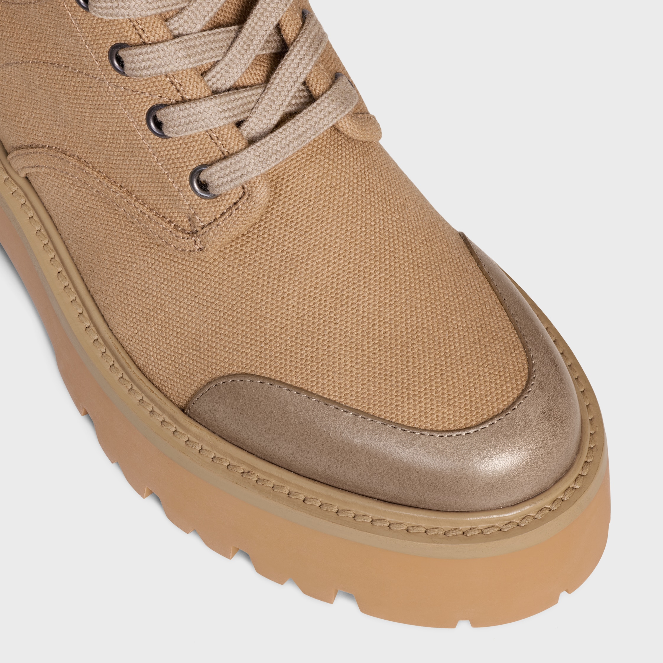 CELINE BULKY LACE-UP BOOT IN CANVAS & CALFSKIN - BEIGE | CELINE
