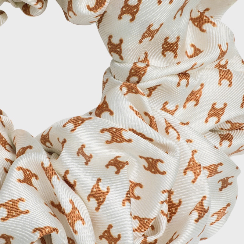 Celine Triomphe桑蠶絲及金色飾面黃銅迷你髮圈 - 象牙白 / 棕褐色 - 发饰 - 1 | CELINE