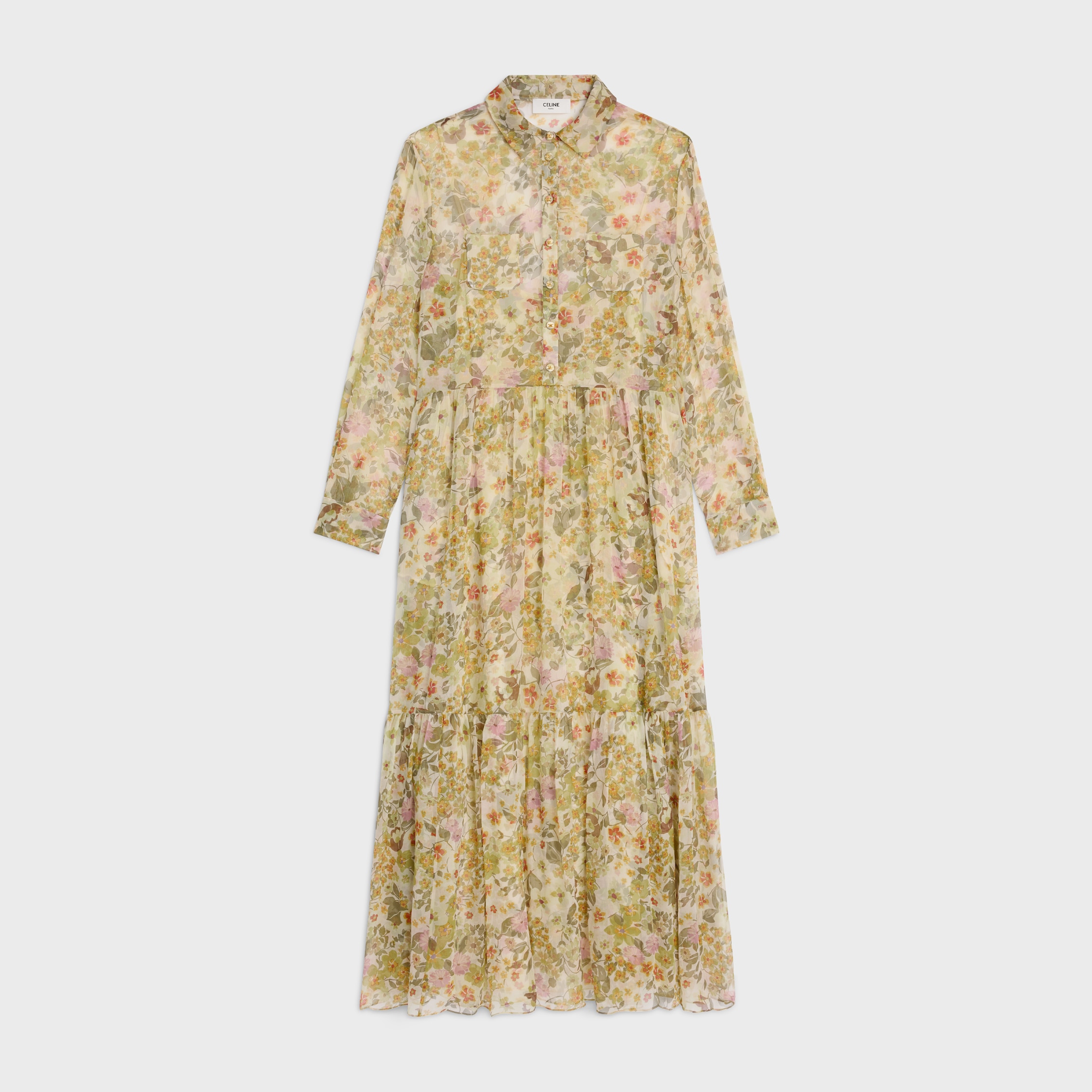 ◆CELINE◆ ロング シャツドレス / シルククレポン long shirt dress in silk crepon - CREME/MULTICOLORE | CELINE