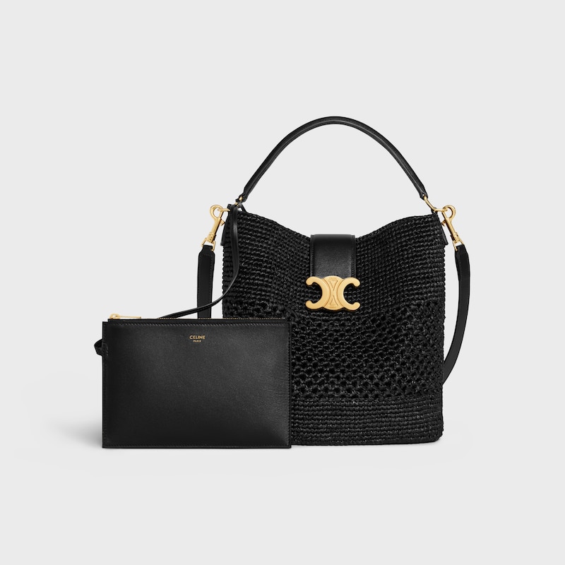 MEDIUM LOUISE BUCKET IN RAFFIA AND CALFSKIN - BLACK - LOUISE - 1 | CELINE