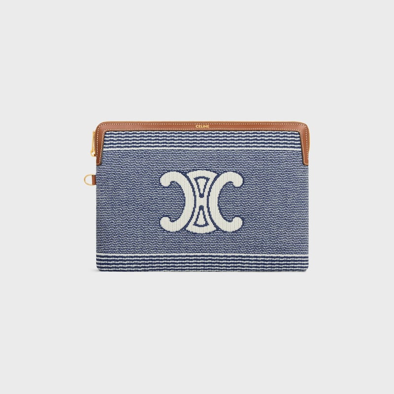 SMALL POUCH WITH STRAP IN Striped Textile With Triomphe - BLUE / BEIGE - POUCHES AND TECH ACCESSORIES - 1 | CELINE