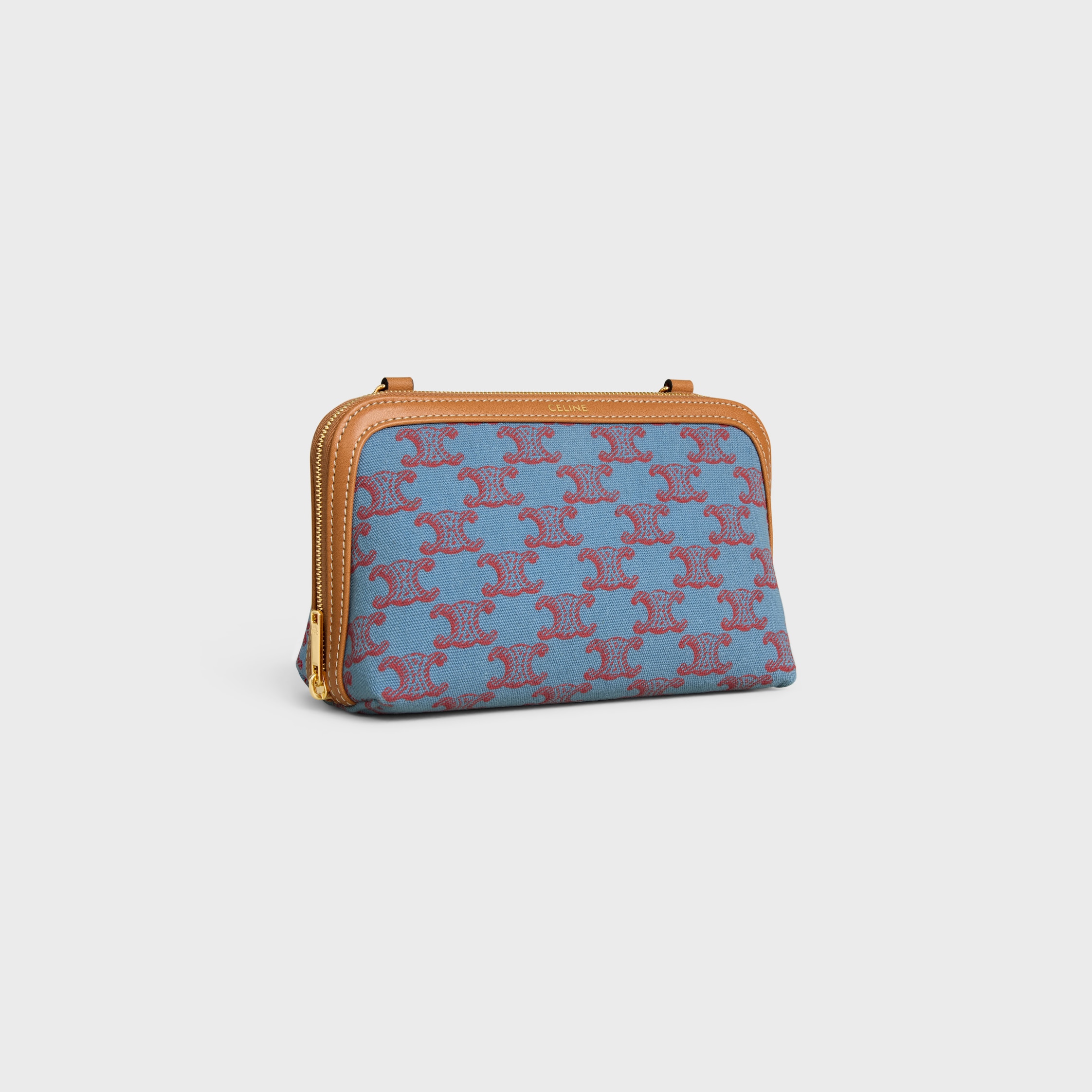 CLUTCH ON CHAIN IN TEXTILE WITH TRIOMPHE ALL OVER AND NATURAL