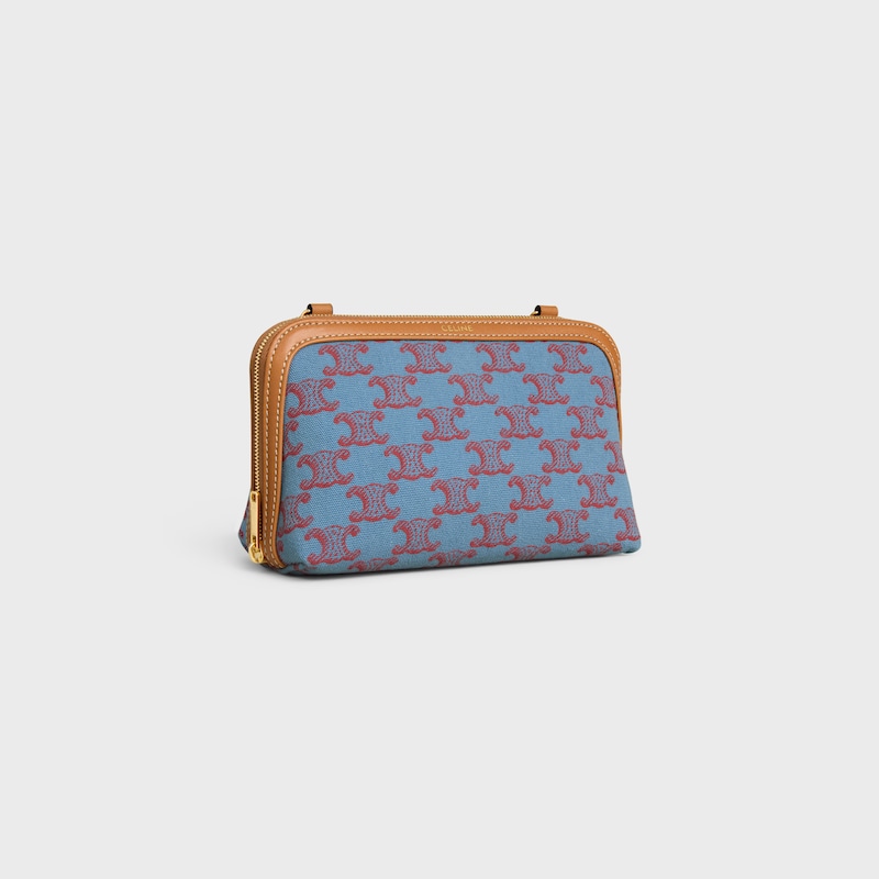 Clutch on Chain IN TEXTILE WITH TRIOMPHE ALL OVER AND NATURAL CALFSKIN - DENIM BLUE / RED - MORE LINES - 1 | CELINE