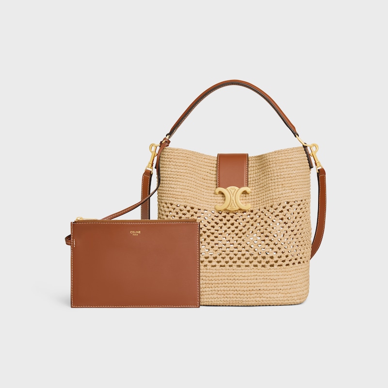MEDIUM LOUISE BUCKET IN RAFFIA AND CALFSKIN - NATURAL / TAN - CLASSIC PANIER - 1 | CELINE
