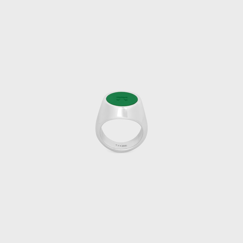 ANILLO DE SELLO TRIOMPHE DE BARNIZ Y LAT&Oacute;N CON ACABADO RODIADO - PLATEADO / VERDE CARRERA -  - 1 | CELINE