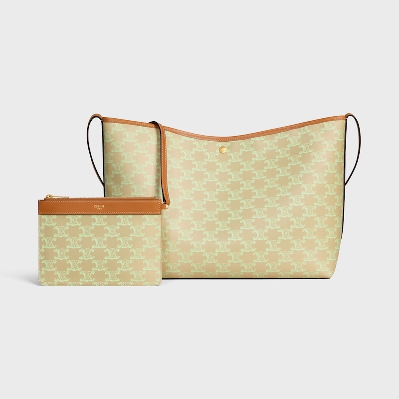 SOFT SHOPPER BAG IN TRIOMPHE CANVAS AND CALFSKIN - SANDCASTLE / SOFT LIME - SHOULDER BAGS - 1 | CELINE