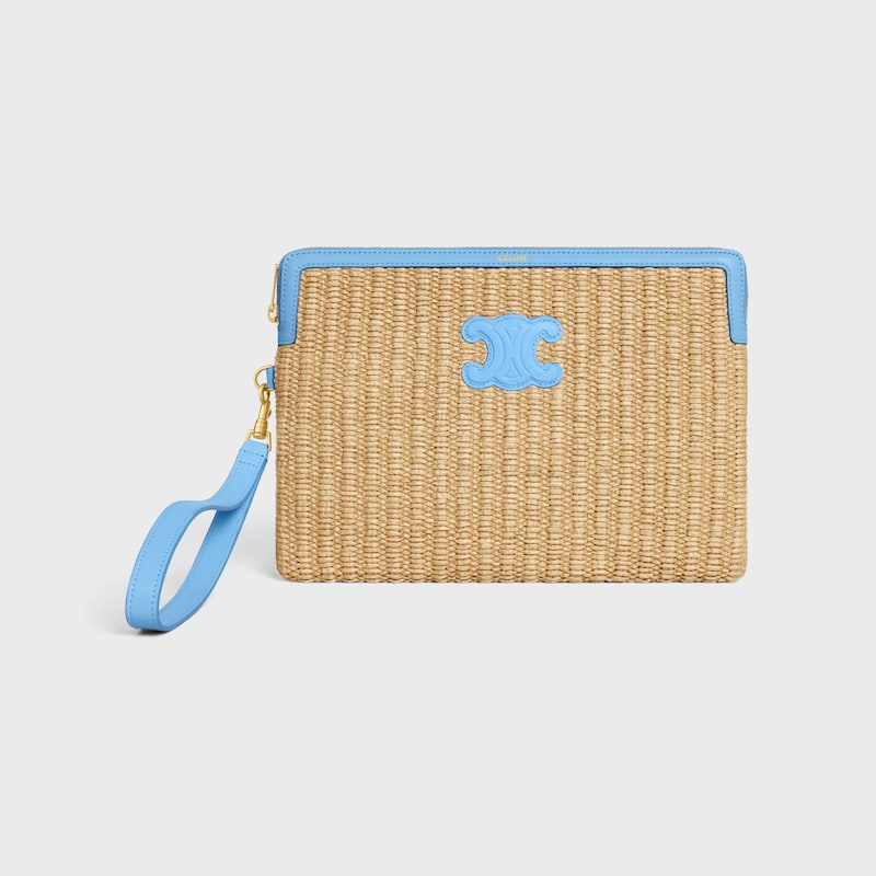 SMALL POUCH WITH STRAP IN raffia effect textile and calfskin - SKY BLUE - POUCHES AND TECH ACCESSORIES - 1 | CELINE