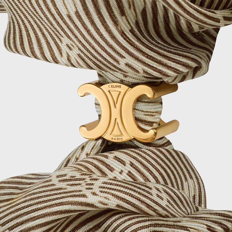 Celine Triomphe Diagonale Scrunchy in Silk and Brass with Gold Finish - Beige / Gold - HAIR ACCESSORIES - 1 | CELINE