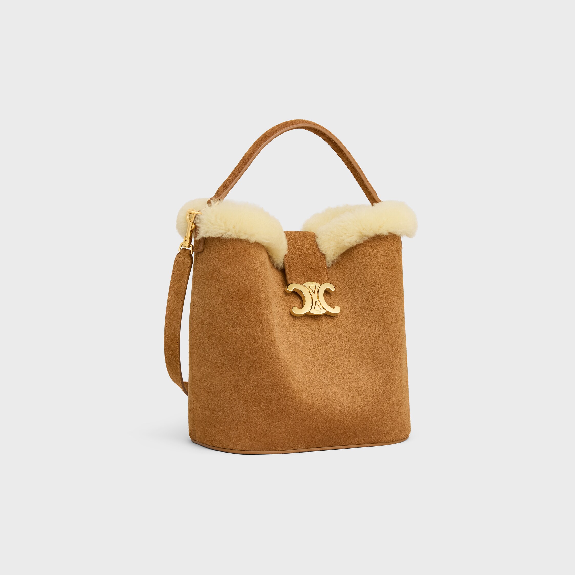 関税込 CELINE MEDIUM BUCKET LOUISE handbag MEDIUM LOUISE BAG in SUEDE CALFSKIN AND SHEARLING - TOBACCO
