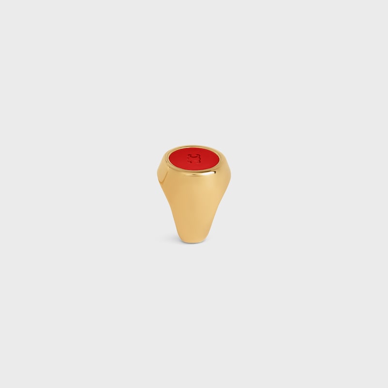 Triomphe Signet Ring in Varnish and Brass with Gold Finish - POPPY RED / GOLD -  - 1 | CELINE
