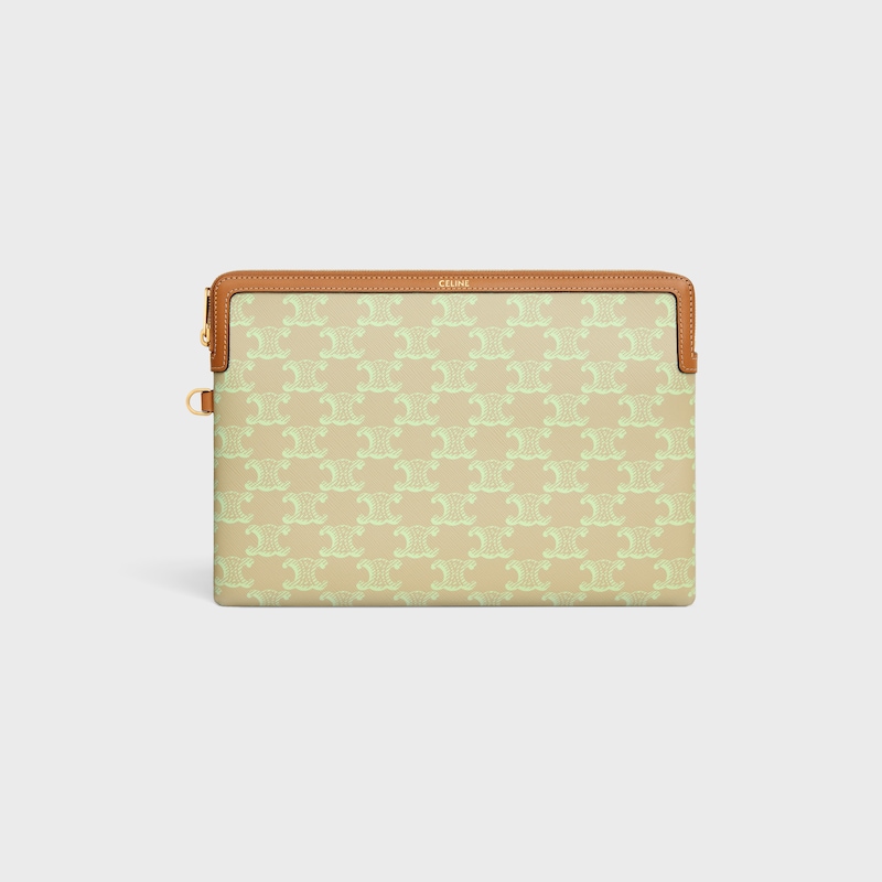 PETITE POCHETTE AVEC DRAGONNE TOILE TRIOMPHE ET VEAU - BEIGE SABLE/ VERT LIME - POCHETTES ET ACCESSOIRES TECHNOLOGIQUES - 1 | CELINE
