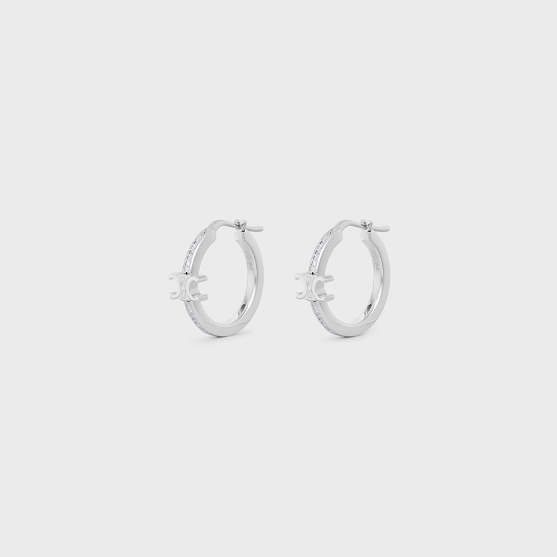 Triomphe Sparkle Hoops in Strass and Brass with Rhodium Finish - SILVER - TRIOMPHE - 1 | CELINE