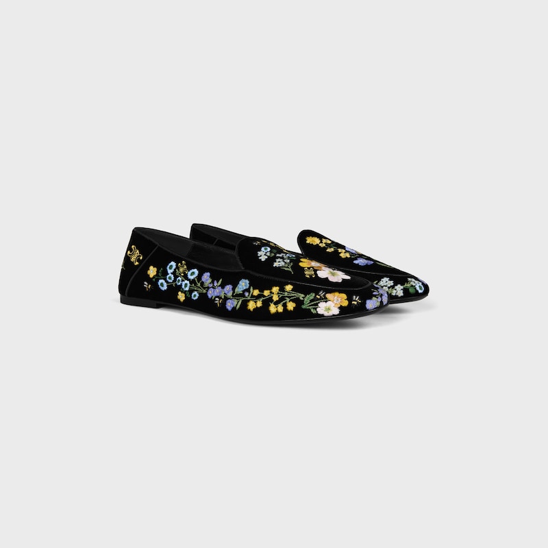 AURA LOAFER IN Flowers Embroidered Velvet - BLACK -  - 1 | CELINE